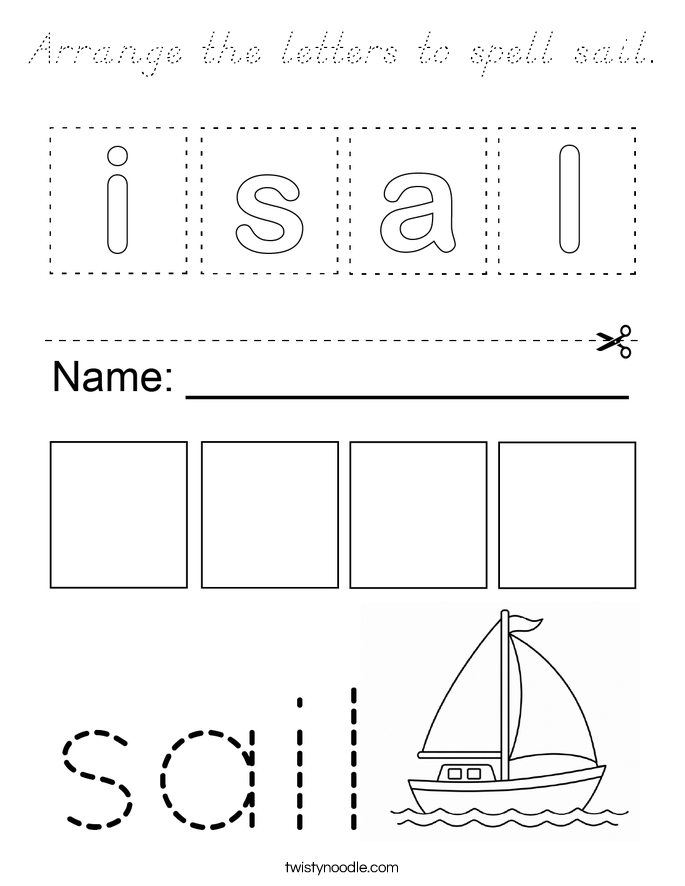 Arrange the letters to spell sail. Coloring Page