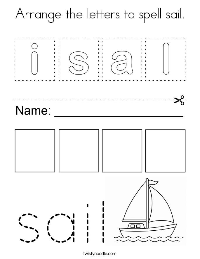 Arrange the letters to spell sail. Coloring Page