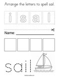 Arrange the letters to spell sail. Coloring Page