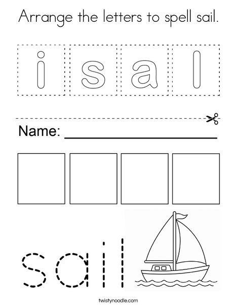 Arrange the letters to spell sail. Coloring Page