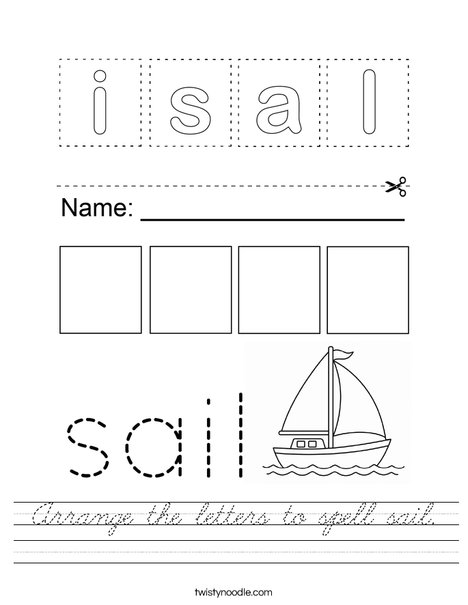 Arrange the letters to spell sail. Worksheet