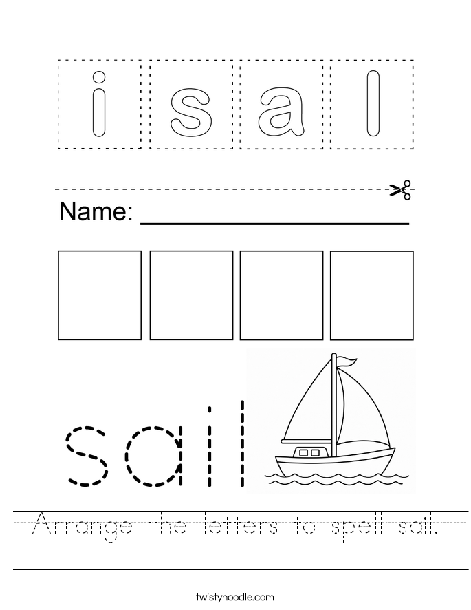 Arrange the letters to spell sail. Worksheet