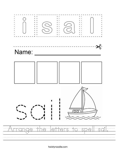 Arrange the letters to spell sail. Worksheet