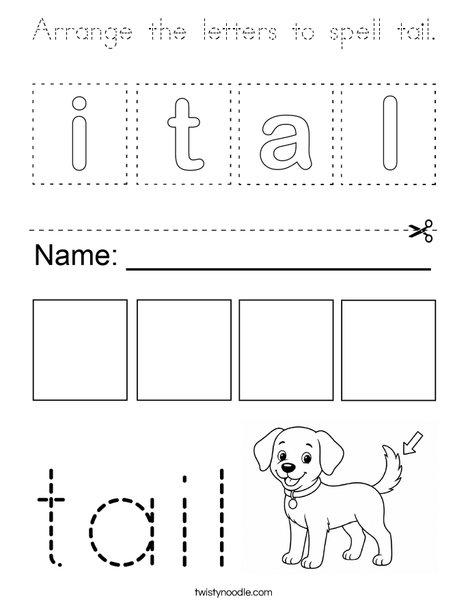 Arrange the letters to spell tail. Coloring Page