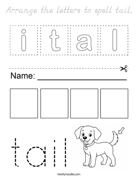 Arrange the letters to spell tail. Coloring Page