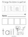 Arrange the letters to spell tail. Coloring Page