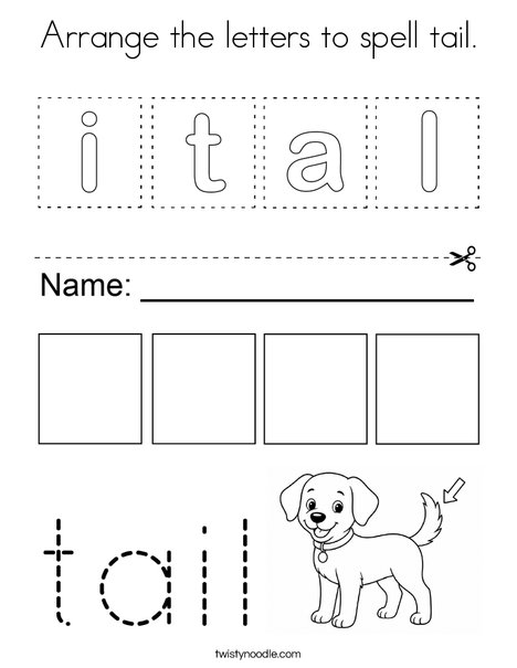 Arrange the letters to spell tail. Coloring Page