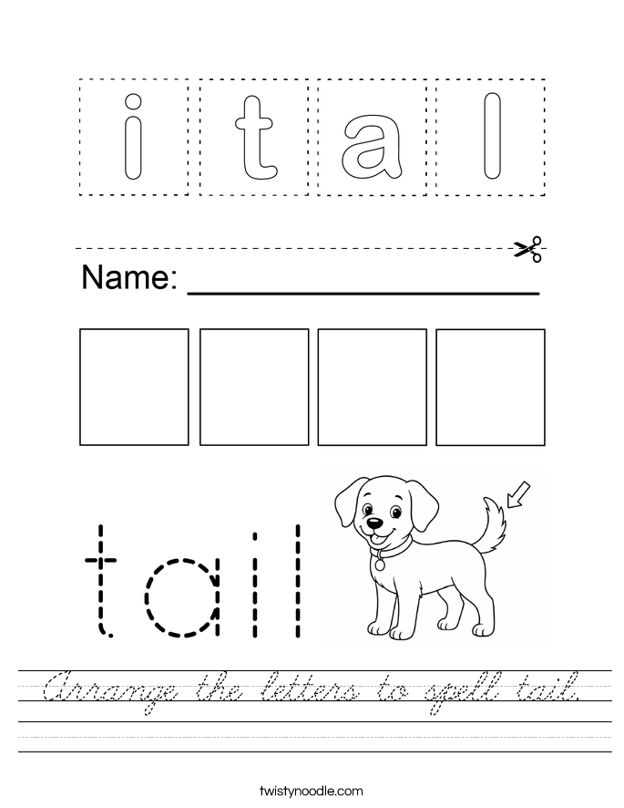 Arrange the letters to spell tail. Worksheet