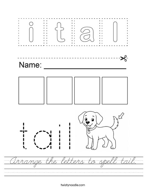 Arrange the letters to spell tail. Worksheet