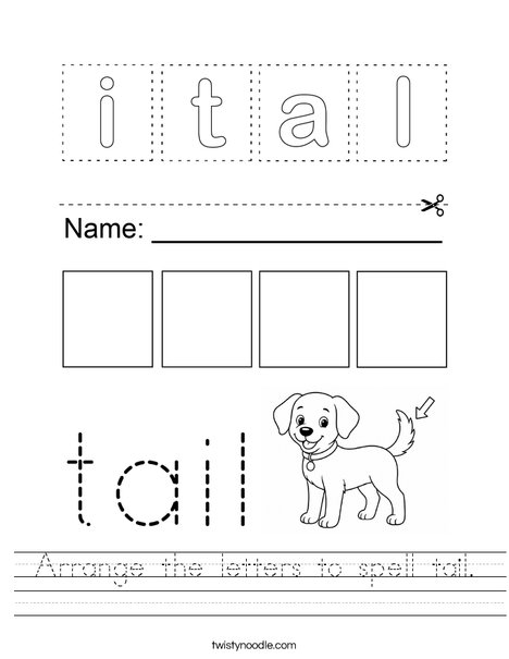 Arrange the letters to spell tail. Worksheet