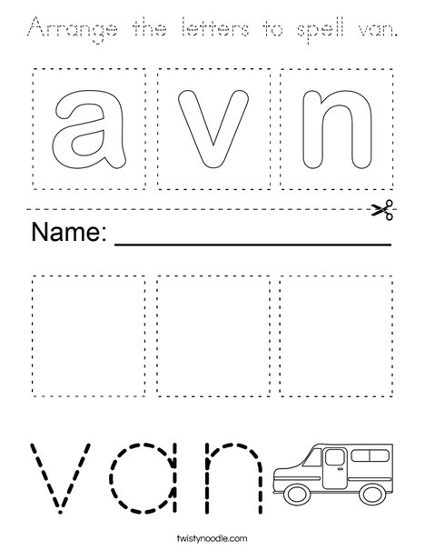 Arrange the letters to spell van. Coloring Page