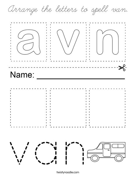 Arrange the letters to spell van. Coloring Page