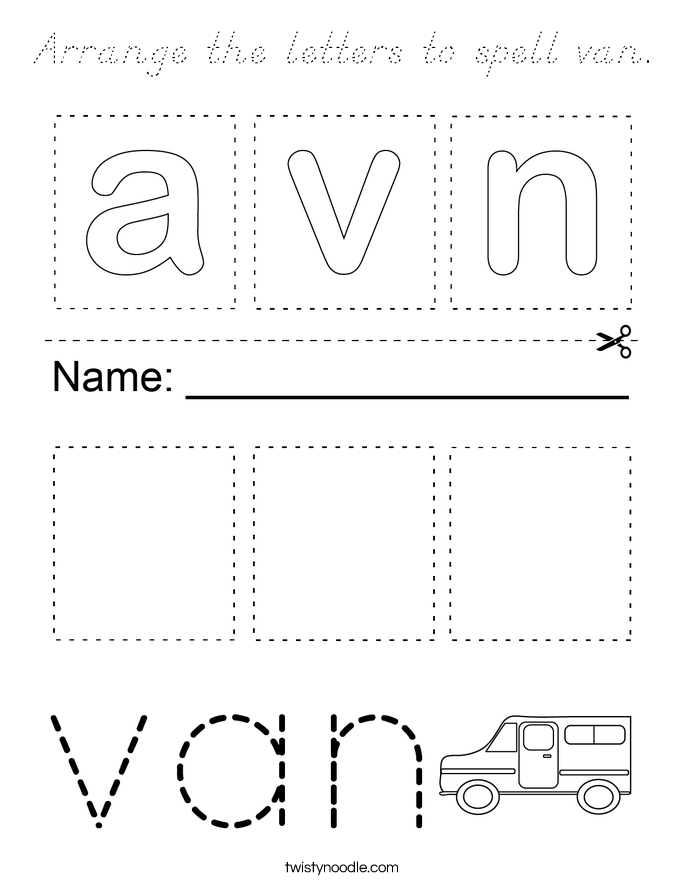 Arrange the letters to spell van. Coloring Page