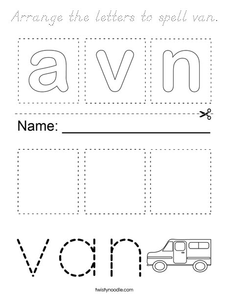 Arrange the letters to spell van. Coloring Page