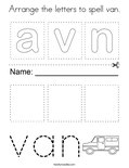 Arrange the letters to spell van. Coloring Page