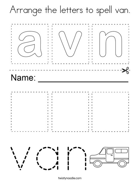 Arrange the letters to spell van. Coloring Page