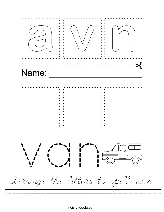 Arrange the letters to spell van. Worksheet