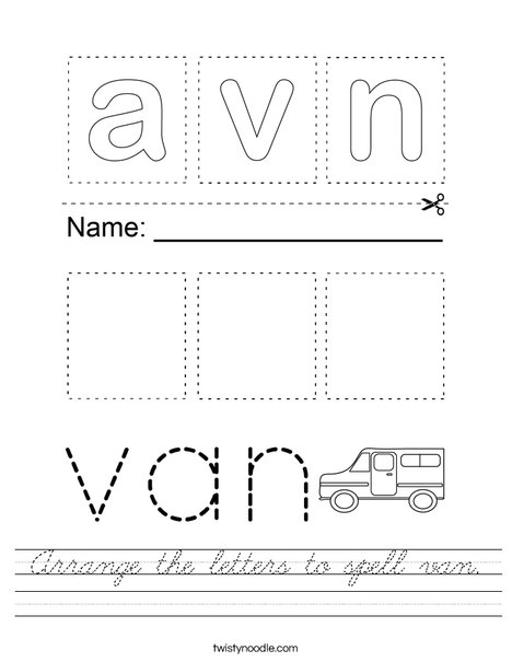 Arrange the letters to spell van. Worksheet