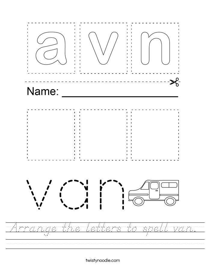 Arrange the letters to spell van. Worksheet