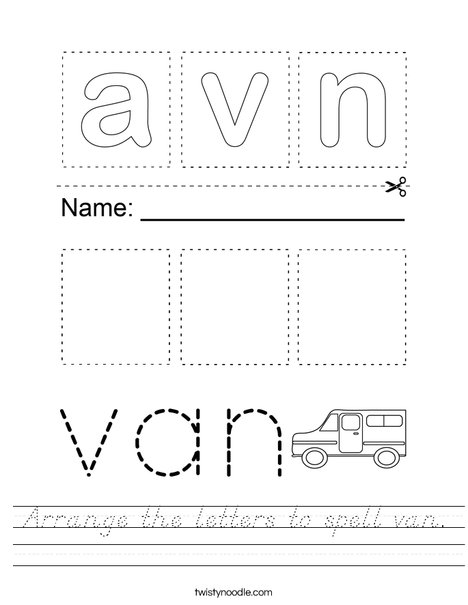 Arrange the letters to spell van. Worksheet