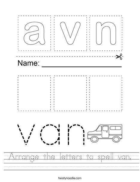 Arrange the letters to spell van. Worksheet