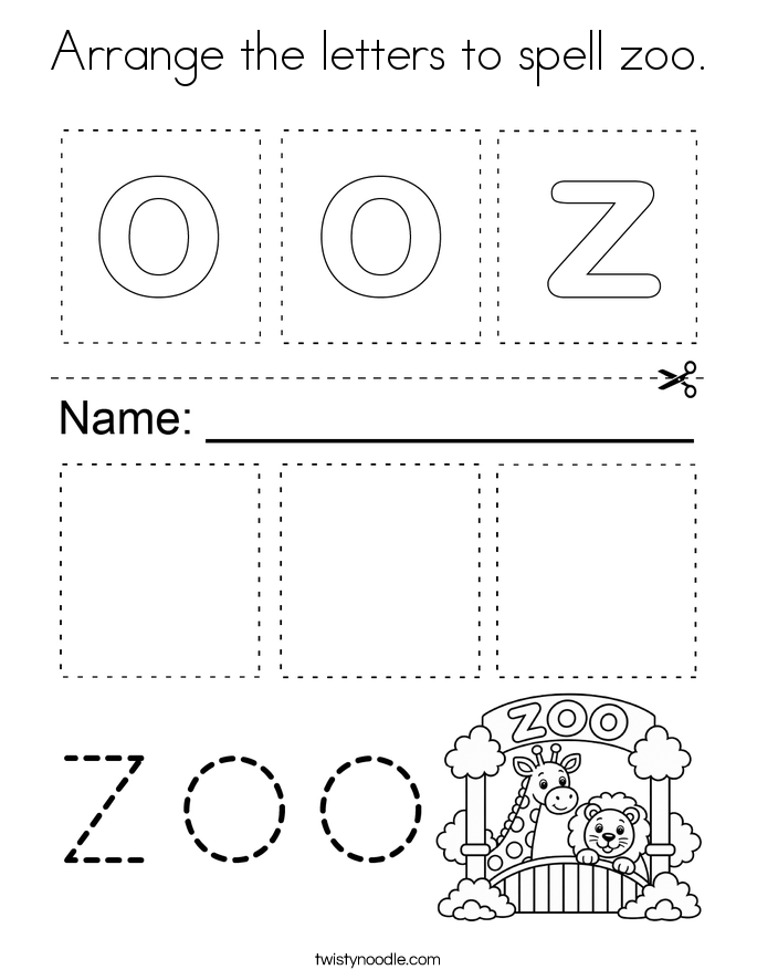 Arrange the letters to spell zoo. Coloring Page