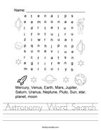 Astronomy Word Search Handwriting Sheet