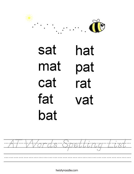 AT Words Spelling List Worksheet - D'Nealian - Twisty Noodle