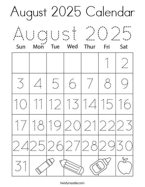 August 2025 Calendar Coloring Page
