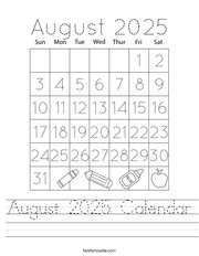 August 2025 Calendar Handwriting Sheet