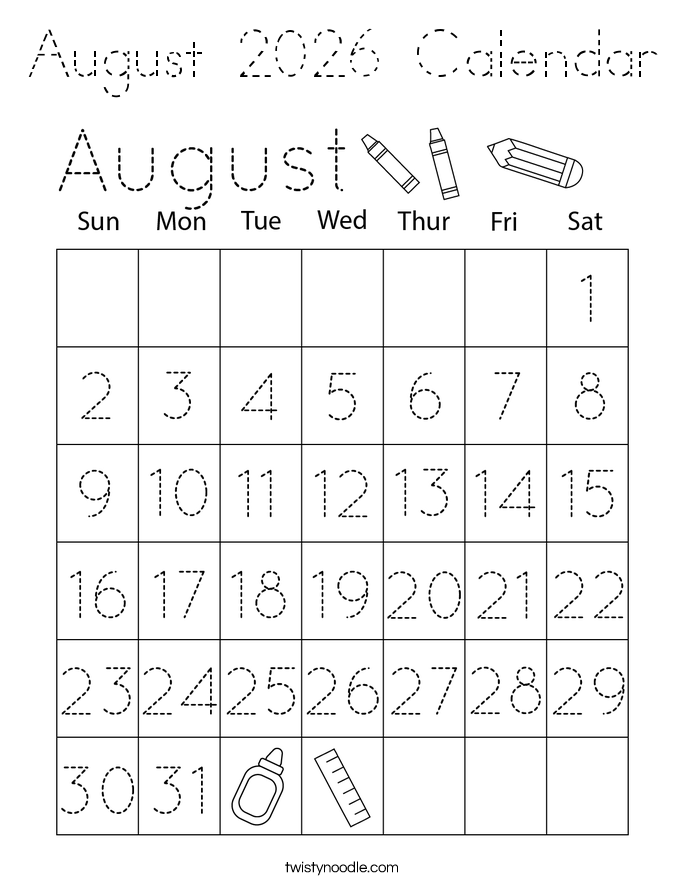 August 2026 Calendar Coloring Page