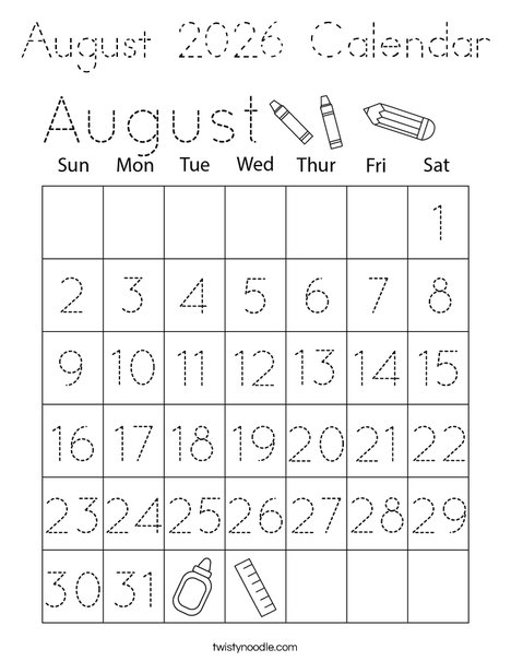 August 2026 Calendar Coloring Page