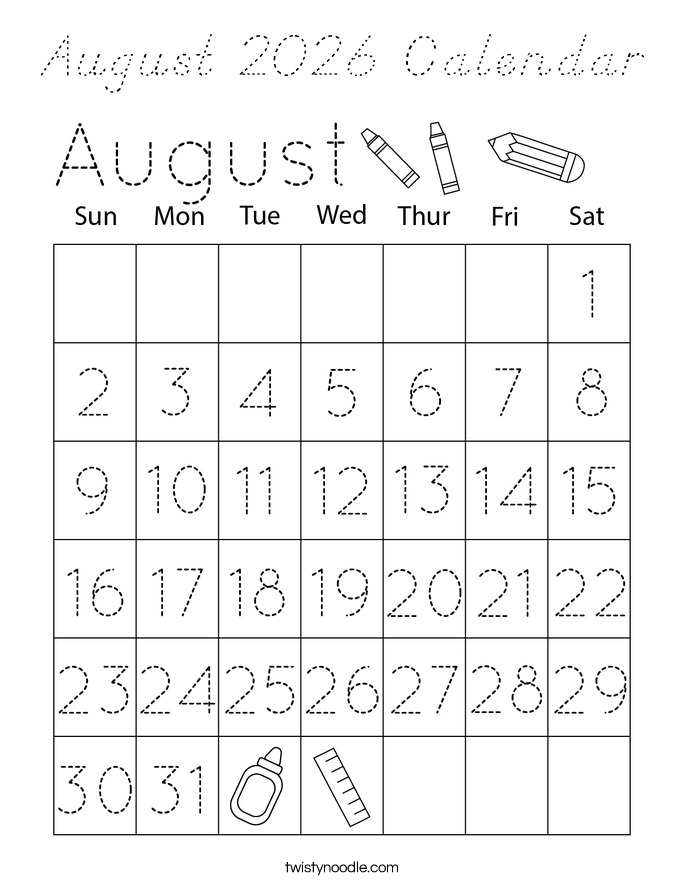 August 2026 Calendar Coloring Page