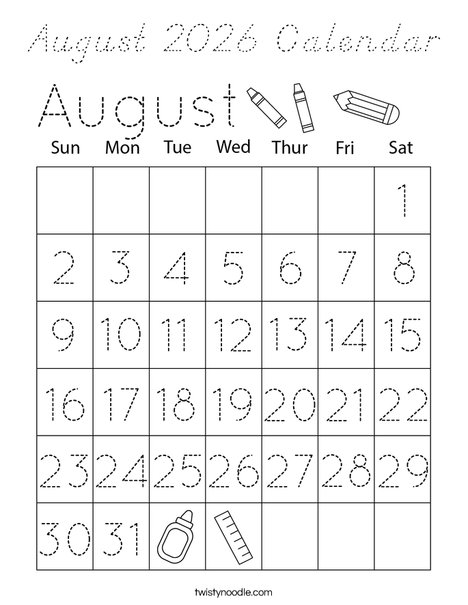 August 2026 Calendar Coloring Page