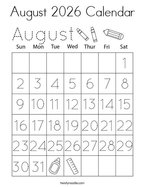 August 2026 Calendar Coloring Page