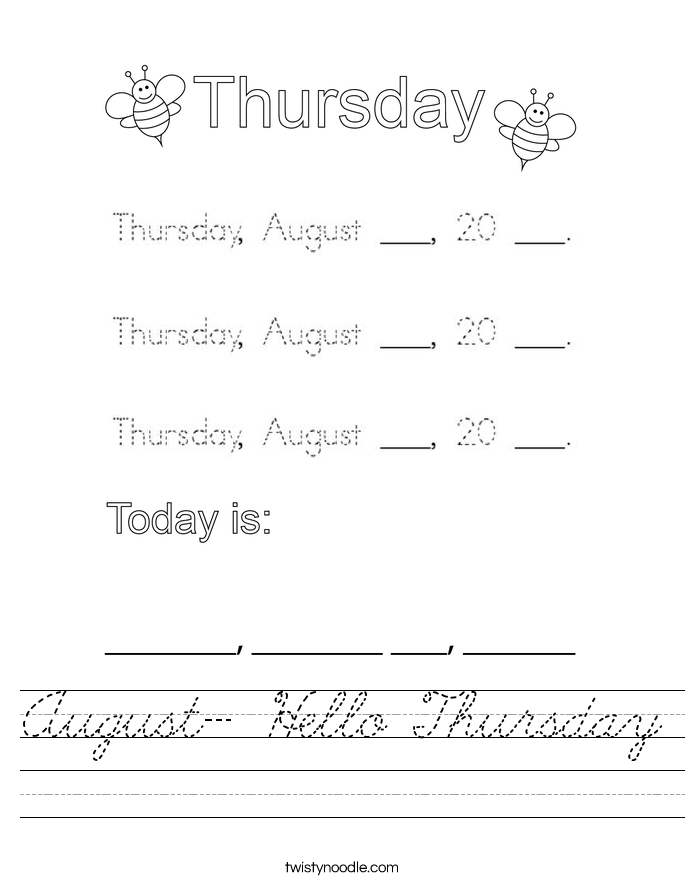 August- Hello Thursday Worksheet