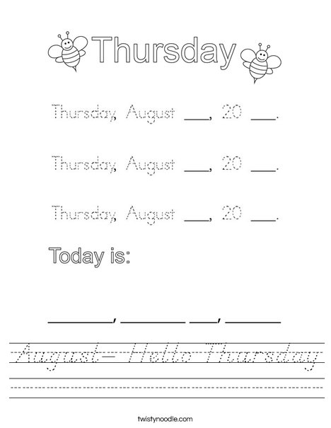 August- Hello Thursday Worksheet