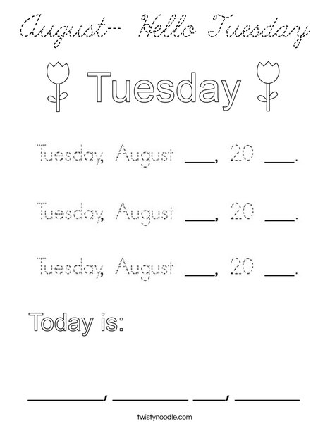 August- Hello Tuesday Coloring Page