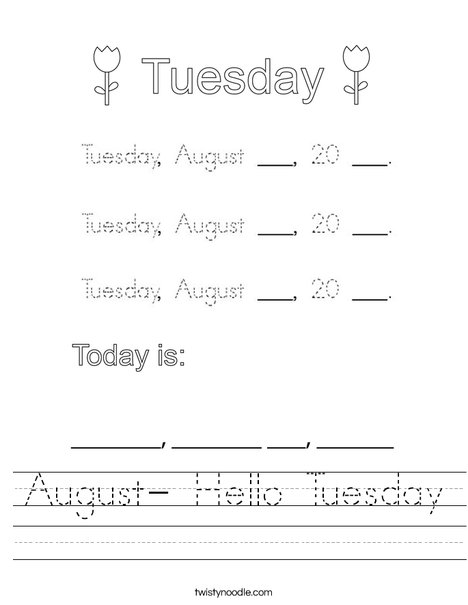 August- Hello Tuesday Worksheet