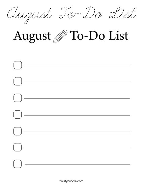 August To-Do List Coloring Page