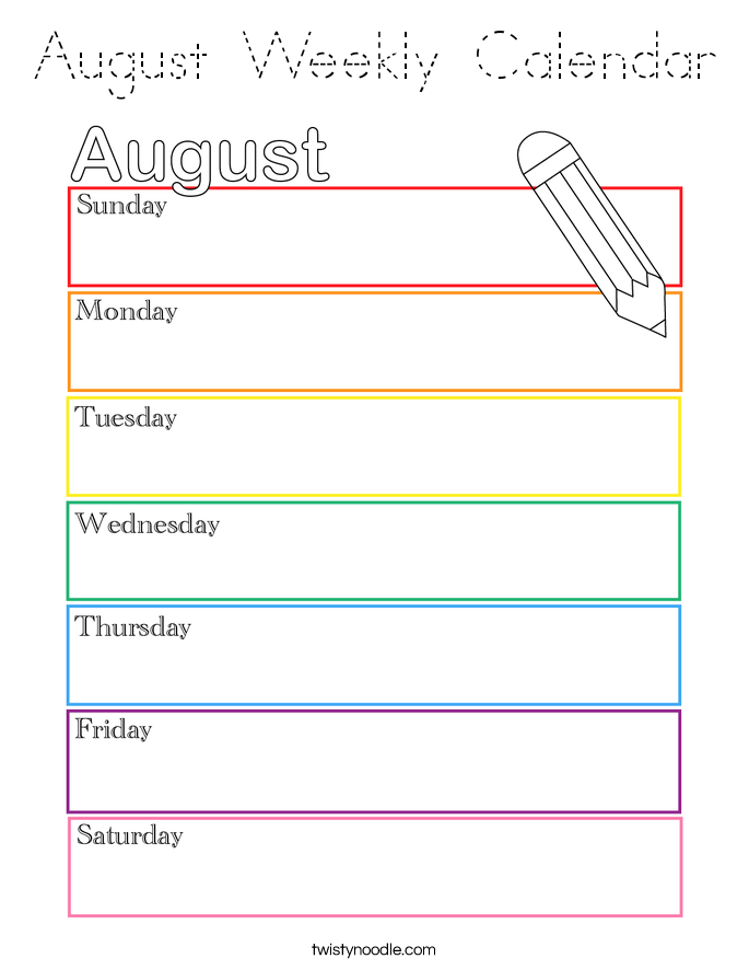 August Weekly Calendar Coloring Page
