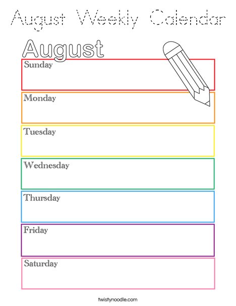 August Weekly Calendar Coloring Page