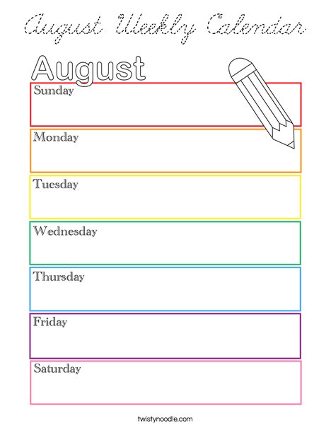 August Weekly Calendar Coloring Page