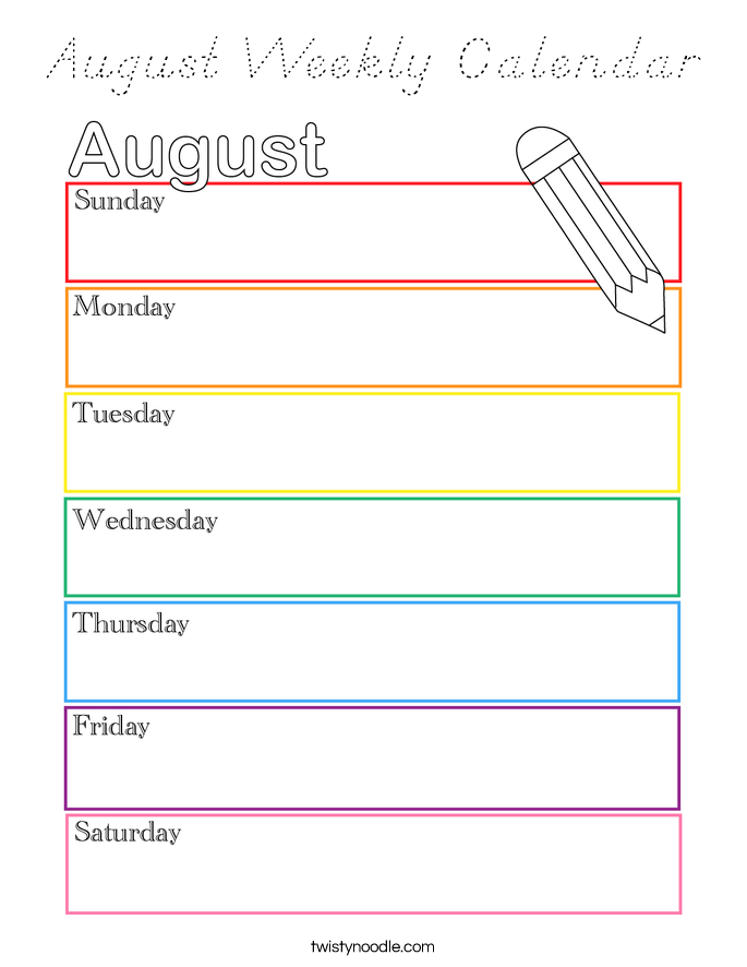 August Weekly Calendar Coloring Page