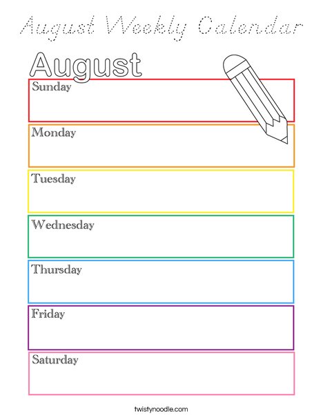August Weekly Calendar Coloring Page