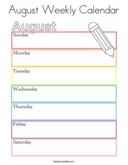 August Weekly Calendar Coloring Page