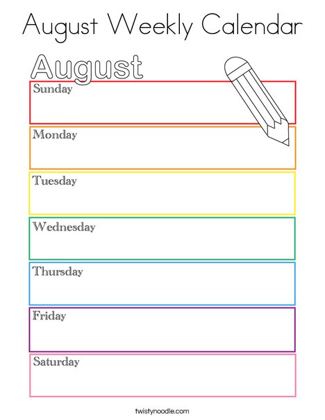 August Weekly Calendar Coloring Page Twisty Noodle August Weekly Calendar Coloring Page Twisty Noodle
