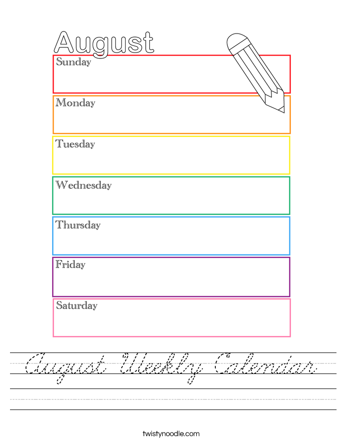 August Weekly Calendar Worksheet