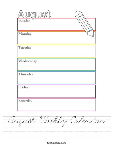 August Weekly Calendar Worksheet