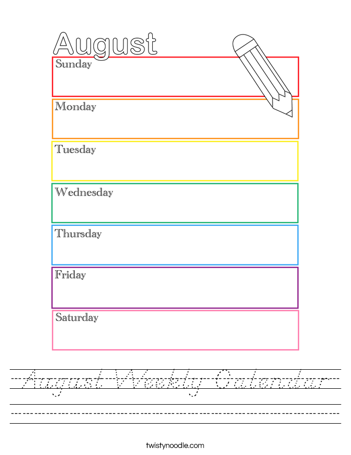 August Weekly Calendar Worksheet